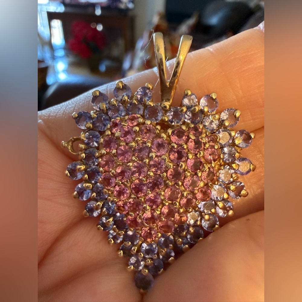 14K Yellow Gold Genuine Tanzanite & Tourmaline Heart Pendant Necklace